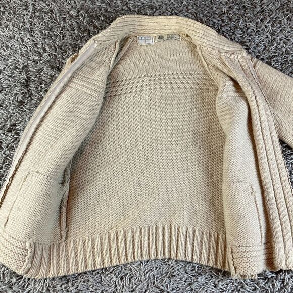 Vintage Cable Knit Cardigan Sweater Mens Womens Medium M Beige Pure Wool 70s 80s - Picture 15 of 16